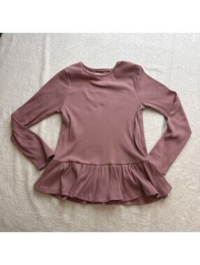 Haute Hippie Long Sleeve Pink Ribbed Flare, Ruffle Hemmed Girls 10/12 Shirt